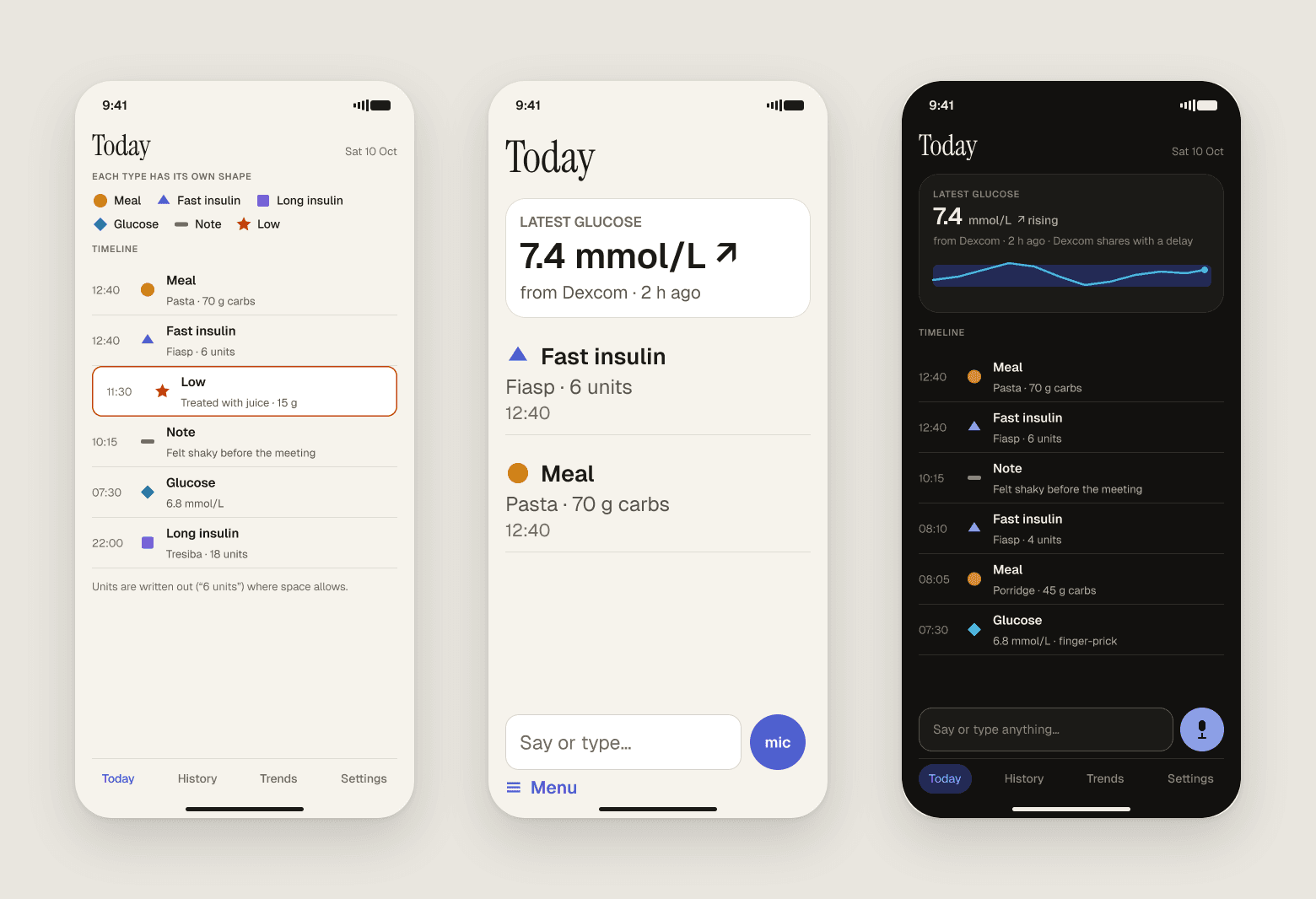 Accessible by design: entry types marked by shape as well as colour, the largest text size, and dark mode.