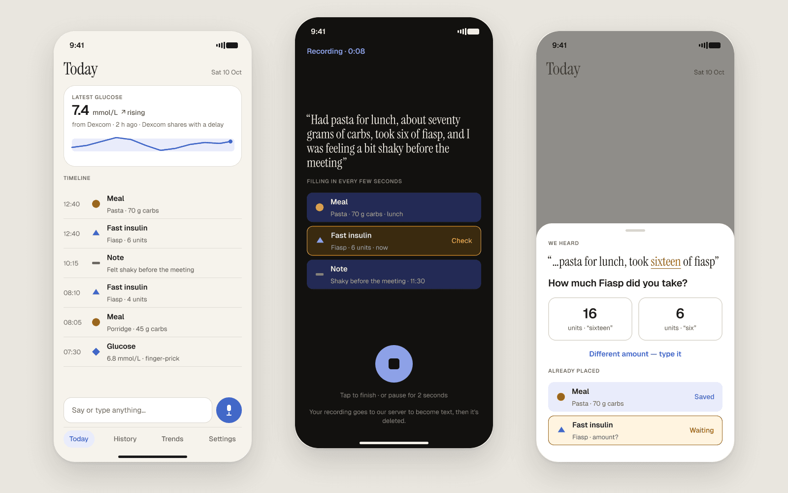 onetype on iPhone: the Today timeline, voice entry filling in a meal, insulin and a note, and a “Did you mean?” check for an unclear insulin dose.