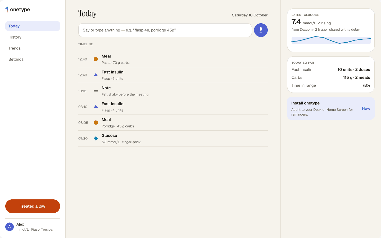 onetype on desktop: the Today timeline with latest glucose from Dexcom and a summary of insulin, carbs and time in range.