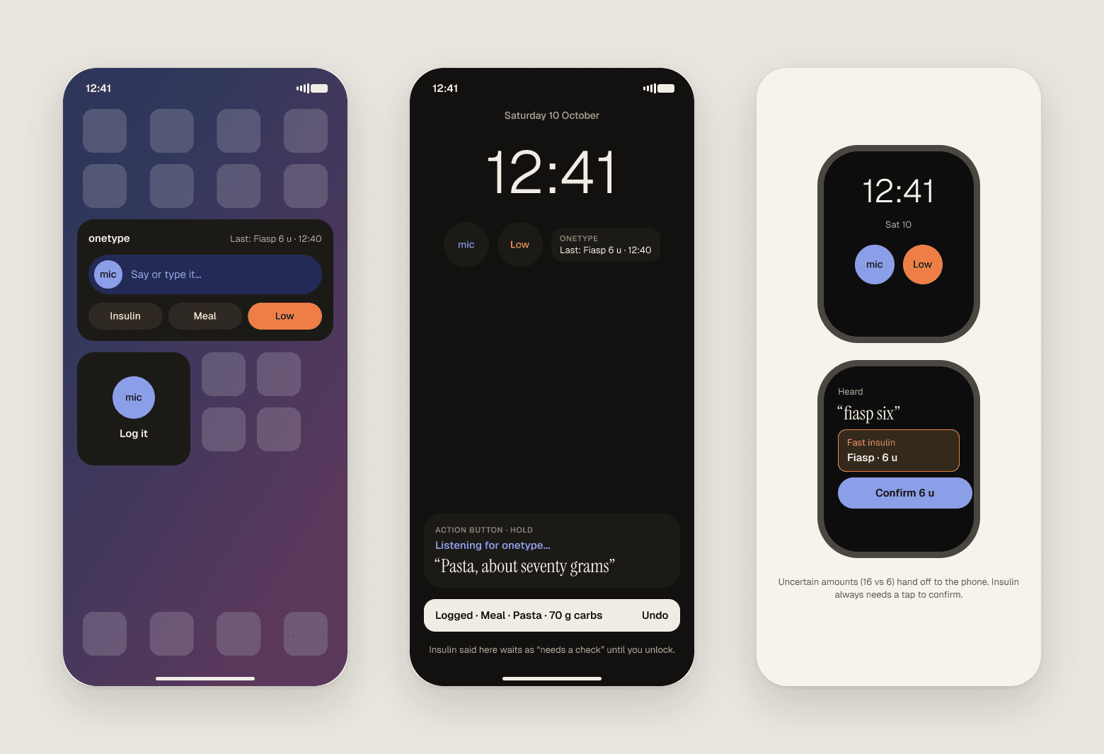 Logging without opening the app: a home-screen widget, the lock screen and Action button, and an Apple Watch confirmation for insulin.
