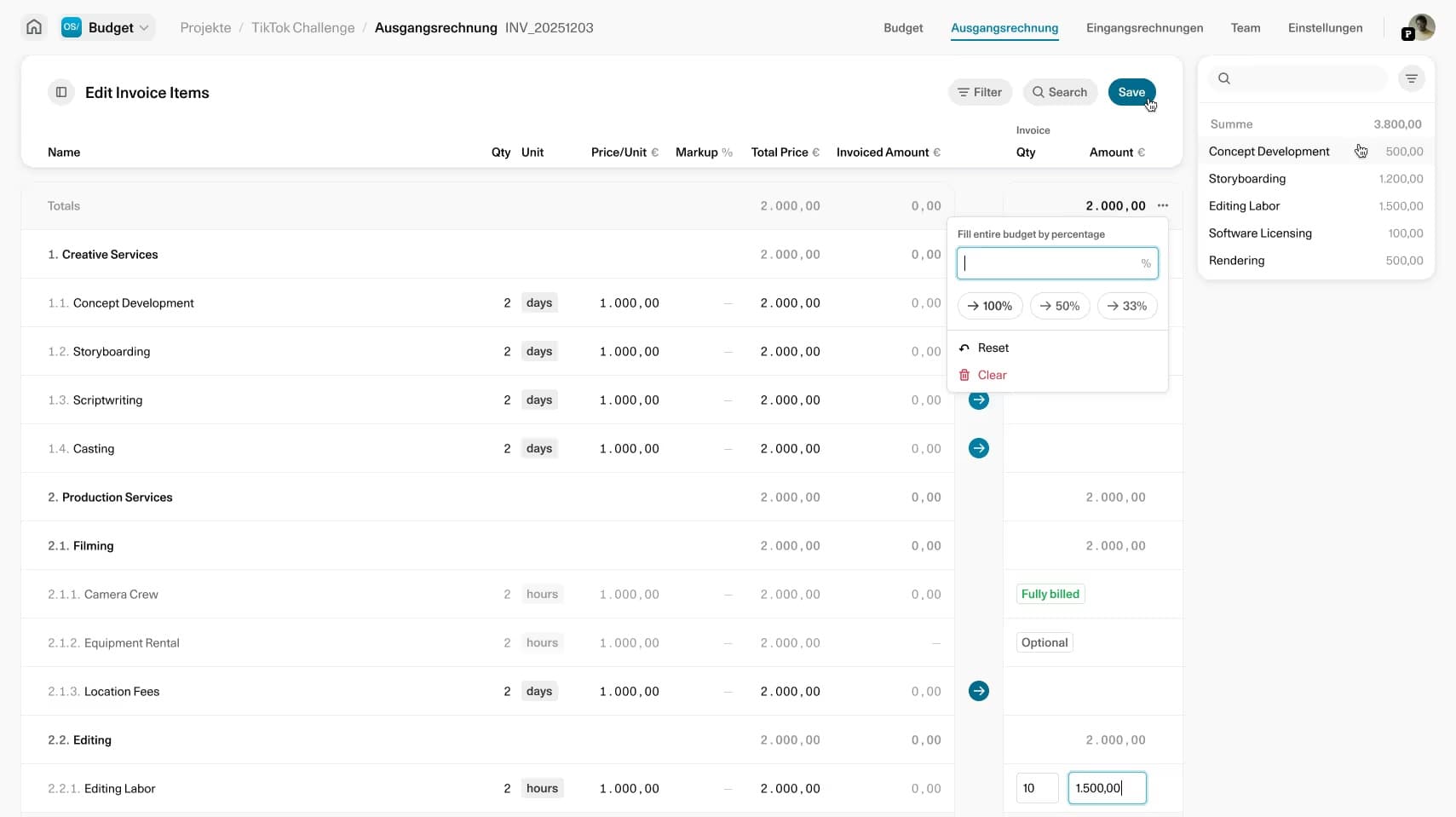 OS/ invoice editor listing creative and production services